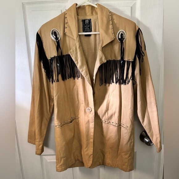 80’s Short Circuit Tan with Black Fringe Western Jacket Shoulder Pads Size L - Picture 1 of 7